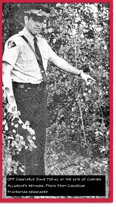 OPP constable McKay at the site of Carmen Allgrove's remains. Photo from Canadian Statesman newspaper